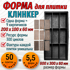 Форма для тротуарной плитки Клинкер ТФС 200*100*60 мм 2028