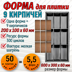 Форма для тротуарной плитки 9 кирпичей ТФС 200*100*60 мм 2024